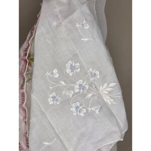 Vintage White Linen with Light Blue Floral Embroidery Cottagecore